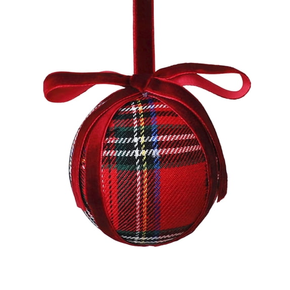 Red Plaid Christmas Tree Ornament with Velvet Bow and Foam Core, 3.15 Inches, Checkered Design, for Holiday Tree Display, Christmas Decoration
