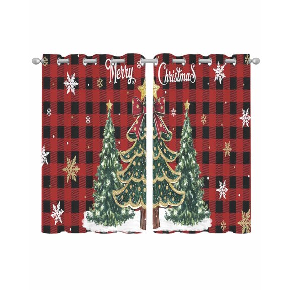 Red Plaid Christmas Tree Sheer Curtains 39 Inch Length 2 Panels Set for Living Room/Bedroom, Snowflake Tree Xmas Kitchen Curtains Grommet Semi-Sheer Curtains Drapes Window Treatments 27.5"x39"x2