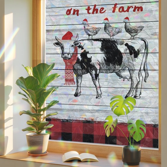 Red Plaid Christmas Window Privacy Film Rainbow Static Cling Stain Glass Window Film for Glass Door, Decorative Sunroof Decal Sticker for Car 17.7"x78.7" Rooster Xmas Winter Farmhouse Wooden