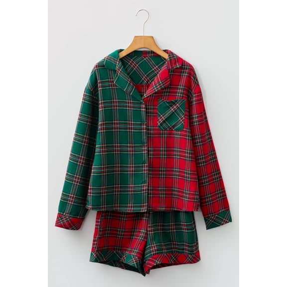 Red Plaid Contrast Patched Christmas Holiday Long Sleeve Shirt and Short 2pcs Pajama Set