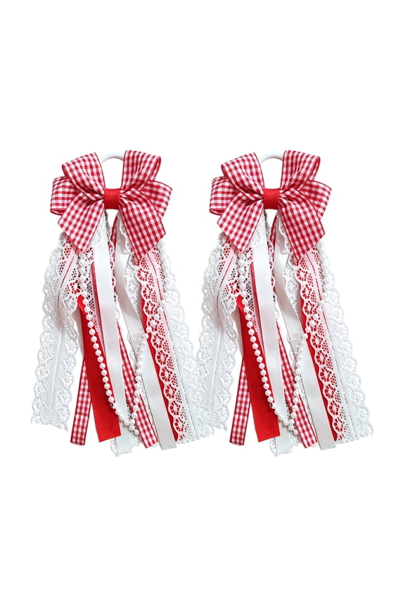 Red Plaid Cowboy Boot Ribbon Bows Decoration - Western Boot Ornaments Accessories with Tassel Faux Pearl and Lace, Set of 2 Festive Celebration Shoe Charms for Women Adults Line Dancing Rodeo Party