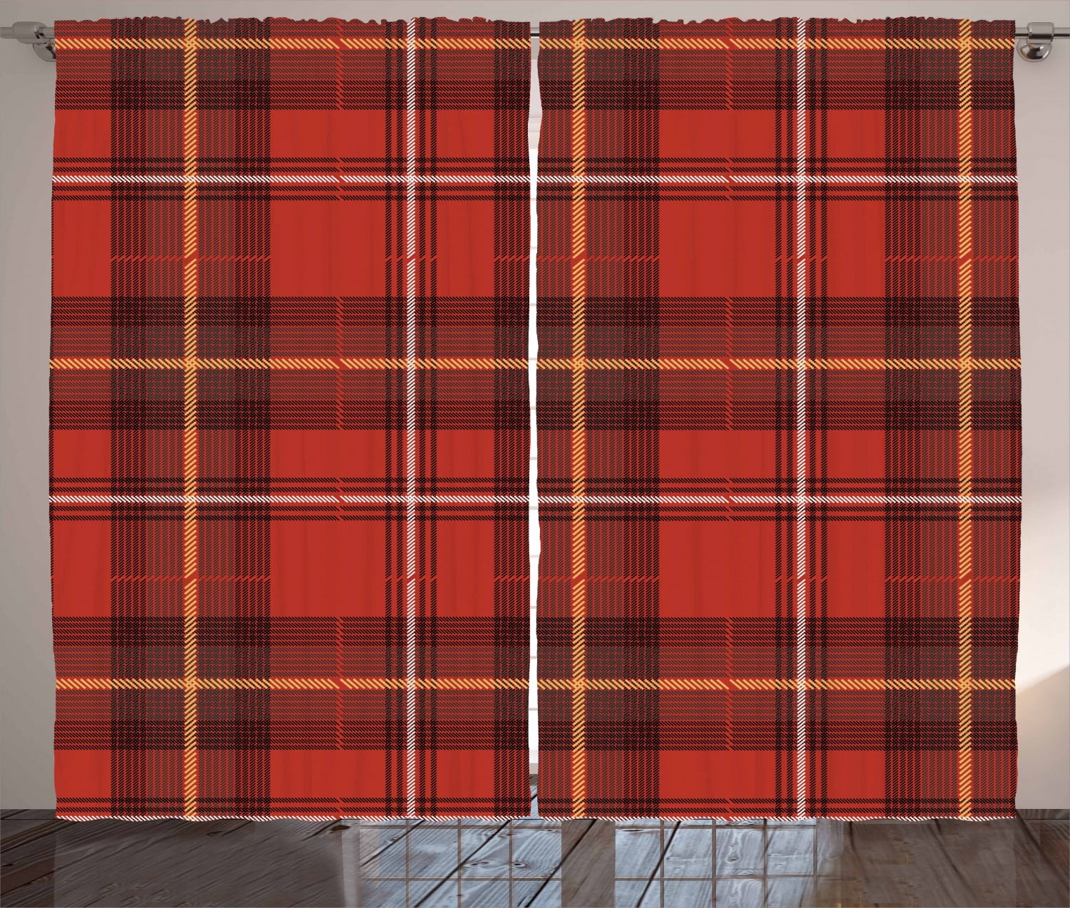 Red Plaid Curtains 2 Panels Set, Traditional European Culture Inspired