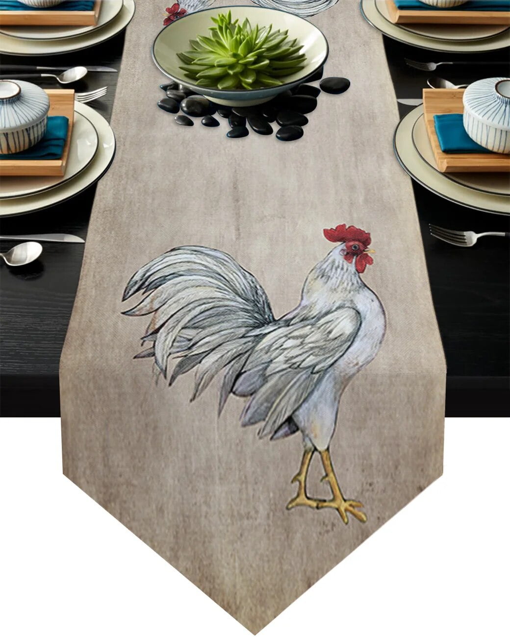 Red Plaid Daisy Rooster Farm Cotton Linen Table Runner Dining Table