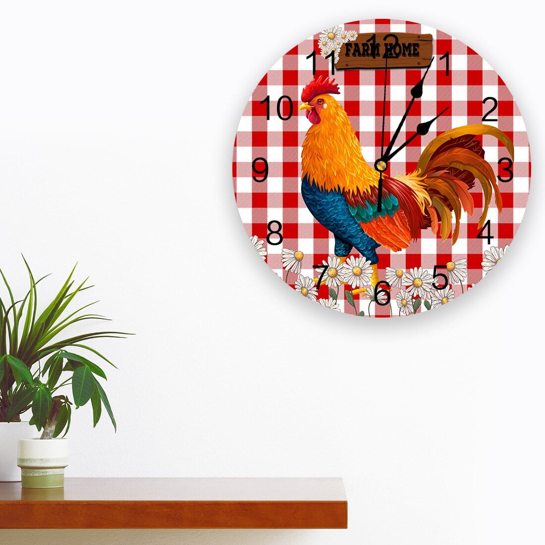 Red Plaid Daisy Rooster Farm Wall Clock Decorative for Living Room