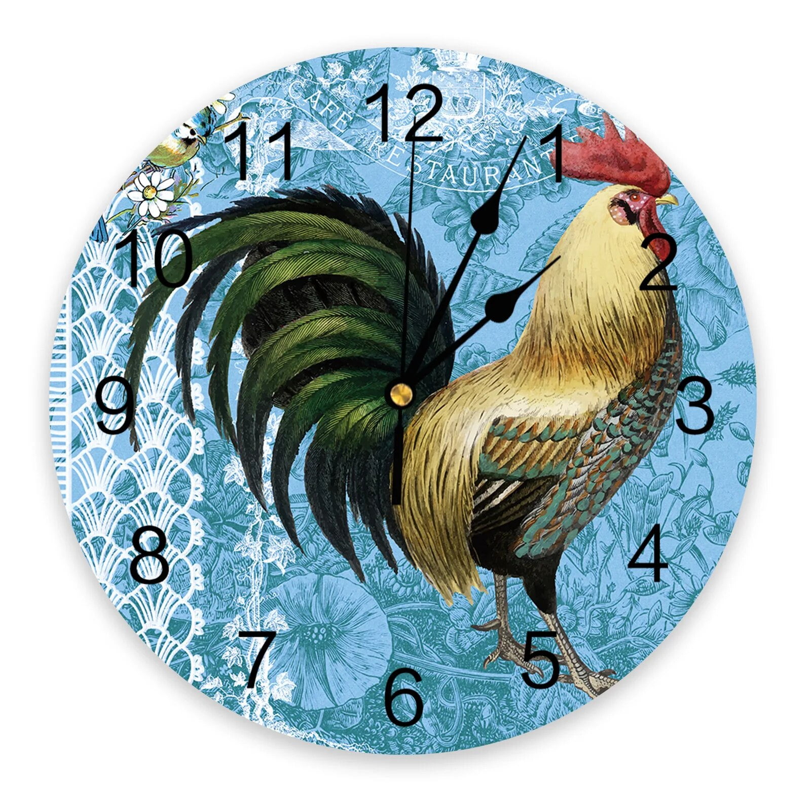 Red Plaid Daisy Rooster Farm Wall Clock Decorative for Living Room