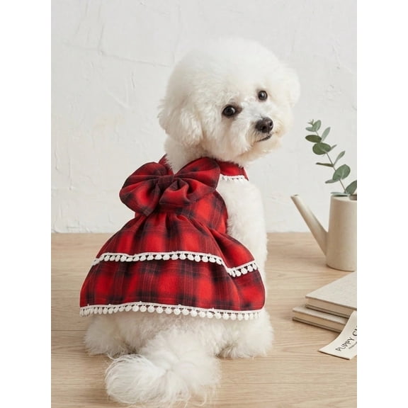 Red Plaid Dog Dress with Large Bow and White Lace Trim for Small to Medium Dogs
