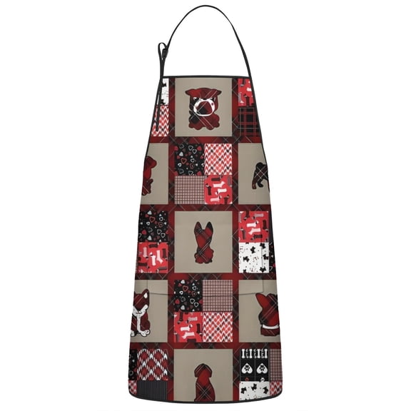 Red Plaid Dog Jigsaw Puzzle Apron-Garden Aprons for Women with Pockets-Cotton Linen Waterproof Kitchen Cooking Gardening Aprons Adjustable for Kitchen,Cooking,BBQ and Salon 33x27 Inch