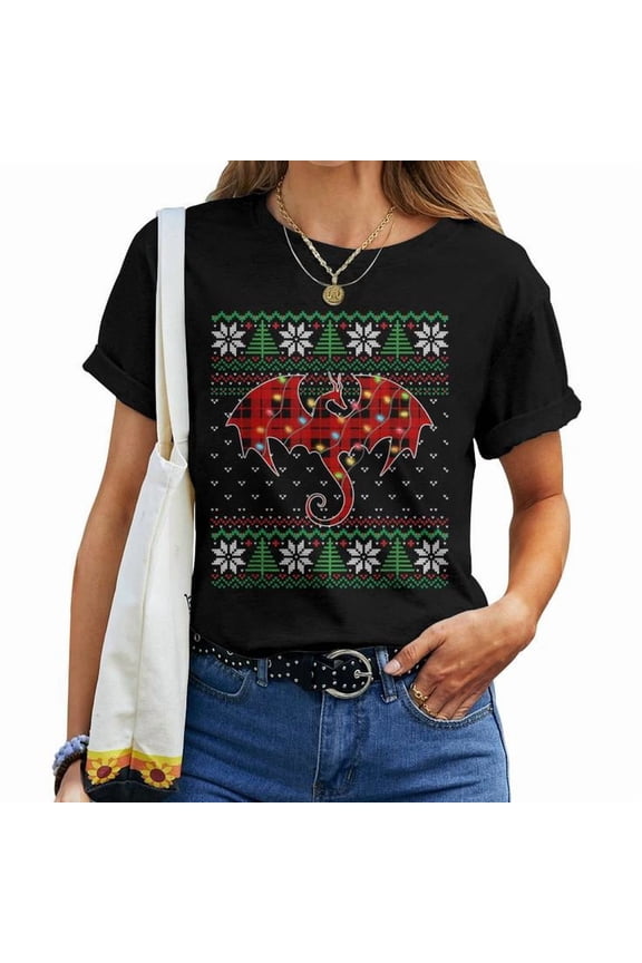 Red Plaid Dragon with Christmas Lights Ugly Sweater Style Graphic Tee Unisex Adult Cotton Holiday Gift for Dragon Lovers, Size XL, Color Black