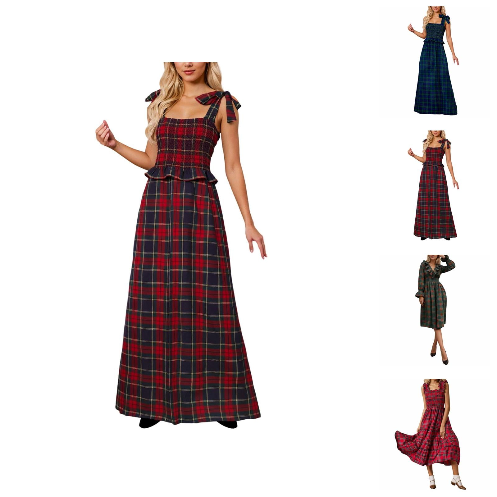 Red Plaid Dress Women Plaid Christmas Maxi Dress Casual Square Neck — free download