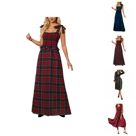 Red Plaid Dress Women Plaid Christmas Maxi Dress Casual Square Neck Sleeveless Flowy Dress Checkered Backless Ruffle Long Dresses