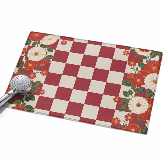 Red Plaid Entryway Rug 2x3ft Washable Non Slip Bathroom Rug Indoor Floor Front Door Mat Japanese Farmhouse Floral Flowers Buffalo Checked Rectangle Area Rugs Carpet for Kitchen Office Dining Room