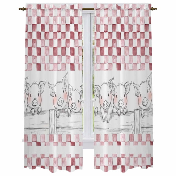 Red Plaid Farmhouse Kitchen Curtain for Berdoom Living Room Cafe 72 Inch Length, Watercolor Cute Country Pigs Checkered Tiers Curtains Light Filtering Drapes Window Treatment 2 Panels 52"Wx72"L