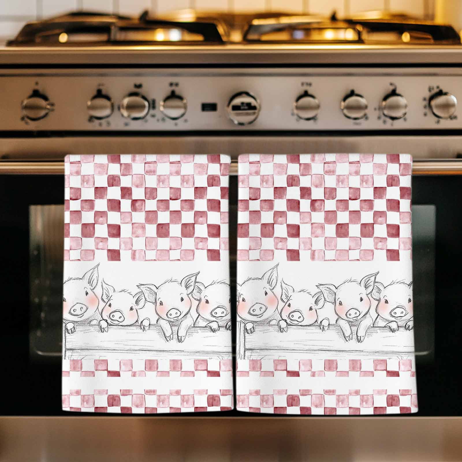 Red Plaid Farmhouse Kitchen Towels Set of 1, Watercolor Cute Country Pigs Checkered Absorbent Dish Towels for Kitchen, Microfiber Hand Towel, Quick Drying Tea Towel for Cleaning Decorative Dishcloths