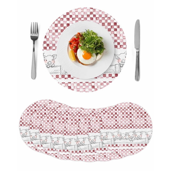 Red Plaid Farmhouse Round 13 Inch Placemats Set of 8, Watercolor Cute Country Pigs Checkered HeatResistant Non Slip Place Mats for Dining Table, Wipeable Braided Kitchen Table Mats for Housewarming