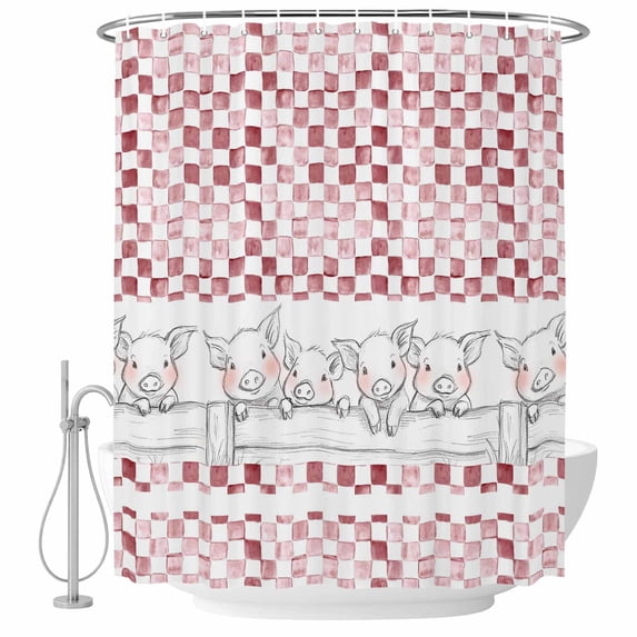 Red Plaid Farmhouse Shower Curtain, Waterproof Shower Curtains for Bathroom, Watercolor Cute Country Pigs Checkered Washable Fabric Bathtub Curtain Set Bath Decor with 12 Hooks Extra Long 72"x96"