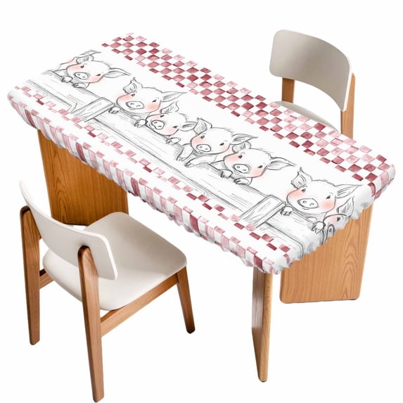 Red Plaid Farmhouse Table Cloths for 3 Foot Rectangle Tables, Watercolor Cute Country Pigs Checkered Patio Waterproof Elastic Fitted Tablecloths, Washable Rectangular Table Cover for Camping