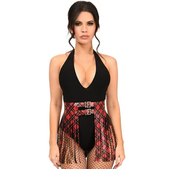 Red Plaid Faux Leather Fringe Skirt