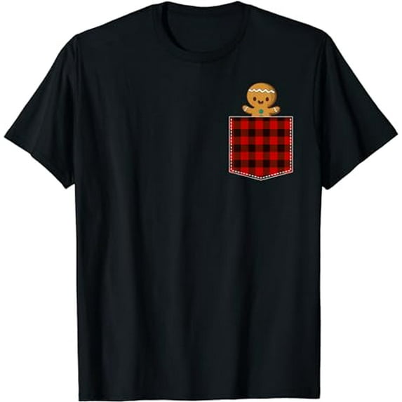 Red Plaid Gingerbread Cookie in Pocket Buffalo Christmas T-Shirt