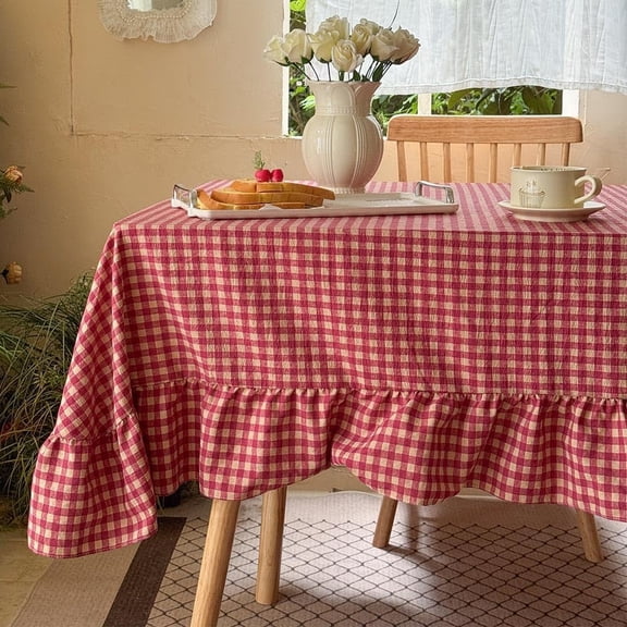 Red Plaid Gingham Ruffled Tablecloth Rectangle, Washed Cotton Blended Checkered Table Cover for Dining Room or Kitchen, Fits 4-6 Seater Table 52"x 70"