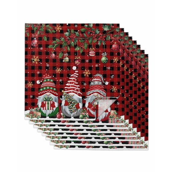 Red Plaid Gnomes Christmas Cloth Napkins Set of 8 Reusable Dinner Napkins, Xmas Balls Tree Snowflake Cocktail Napkin Washable Table Napkins for Wedding/Holiday Party/Baby Shower 20"x20"
