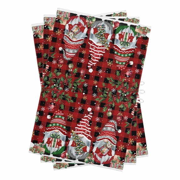 Red Plaid Gnomes Christmas Kitchen Towels Set of 3, Water Absorbent Dish Towel, Xmas Balls Tree Snowflake Decorative Hand Towels - Quick Drying Cloth for Cooking Baking, 18x28 Inch