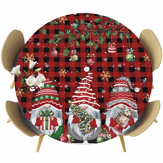 Red Plaid Gnomes Christmas Round Tablecloth, Fitted Table Cover with Elastic for 36"-44" Round Tables, Xmas Balls Tree Snowflake Table Cloth Outdoor Indoor Dinning Party Waterproof Tablecloths