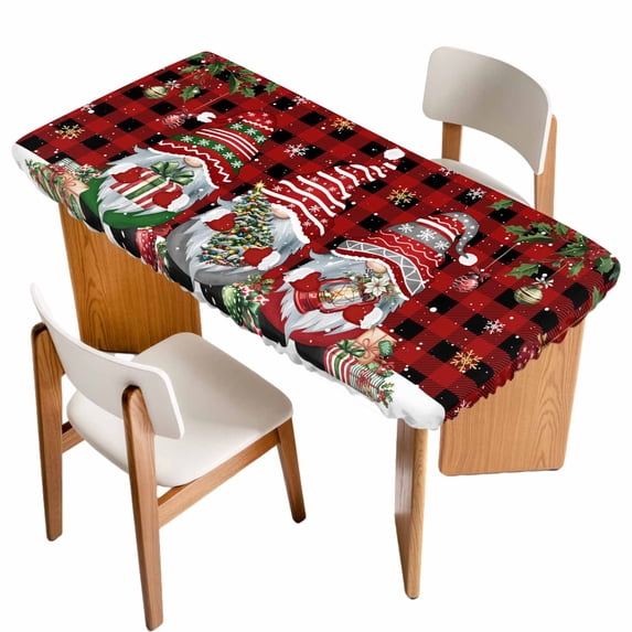 Red Plaid Gnomes Christmas Table Cloths for 4 Foot Rectangle Tables, Xmas Balls Tree Snowflake Patio Waterproof Elastic Fitted Tablecloths, Washable Rectangular Table Cover for Camping