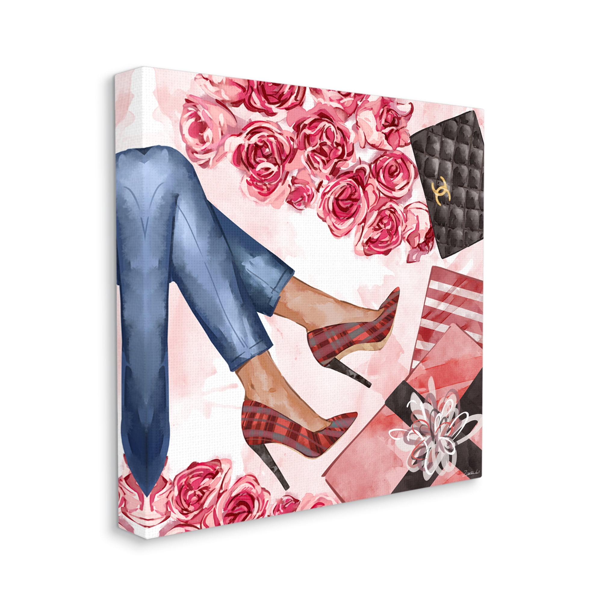 Red Plaid Heels Pink Florals Wrapped Presents 30 in x 30 in Painting Canvas Art Print, by Stupell Home Décor