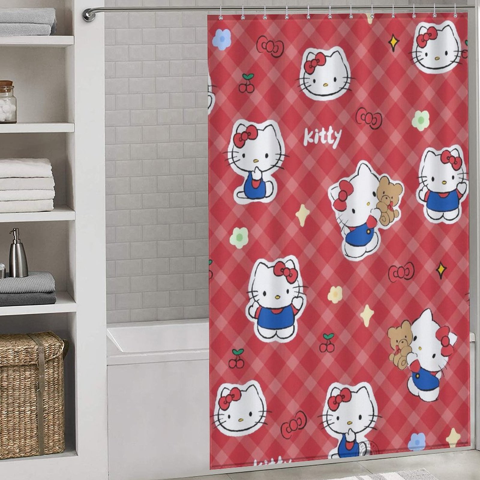 Red Plaid Hello Kitty Shower Curtains for Bathroom,Shower Curtain