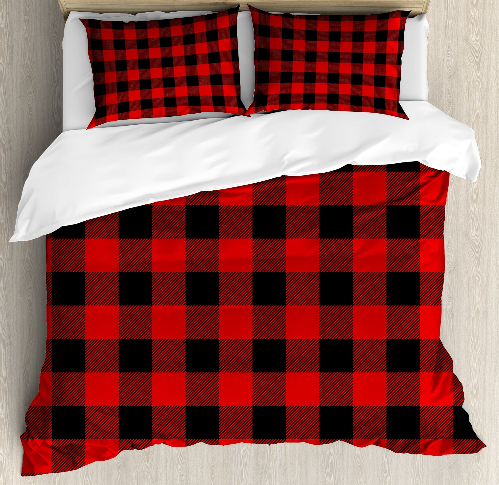 King Size Red and Black Plaid Microfiber Duvet Cover Set