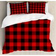 thumbnail image 1 of Red Plaid King Size Duvet Cover Set, Lumberjack Clothing Inspired Square Pattern Checkered Grid Style Quilt Design, Decorative 3 Piece Bedding Set with 2 Pillow Shams, Scarlet Black, by Ambesonne, 1 of 3