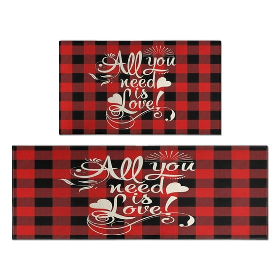 Red Plaid Kitchen Rugs and Mats Sets Of 2,Kitchen Decoration Rugs,Rubber Backing Non-Slip Floor Mat for Sink Washable Waterproof Laundry Room Runner Rugs