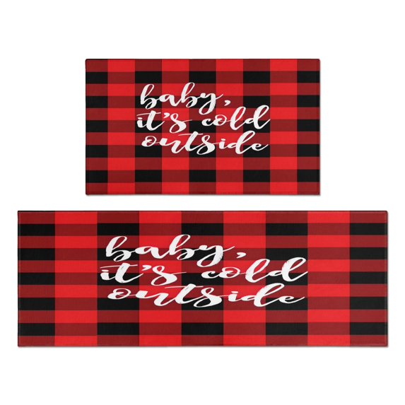 Red Plaid Kitchen Rugs and Mats Sets Of 2,Kitchen Decoration Rugs,Rubber Backing Non-Slip Floor Mat for Sink Washable Waterproof Laundry Room Runner Rugs