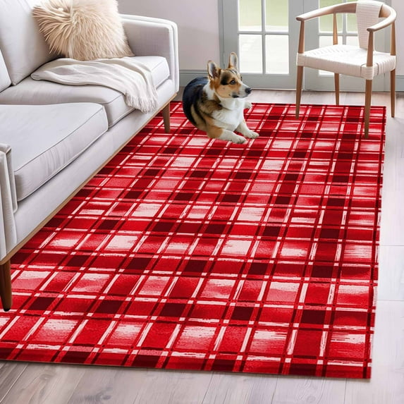 Red Plaid Kitchen Runner Rug 2.7x5 Washable Runners for Hallway Non Slip Modern Art Checkered Farmhouse Large Area Rug Indoor Floor Carpet for Bathroom Laundry Entryway Bedroom Living Room