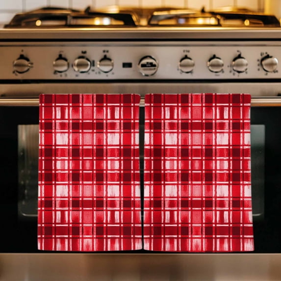 Red Plaid Kitchen Towels Set of 4, Modern Art Checkered Farmhouse Absorbent Dish Towels for Kitchen, Microfiber Hand Towel, Quick Drying Tea Towel for Cleaning Decorative Dishcloths