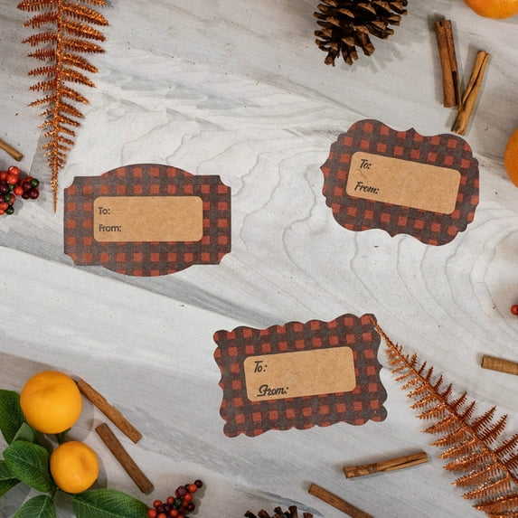 Red Plaid Kraft Gift Tag Stickers | 2″ x 3″ - 3 Designs | Qty 25