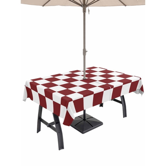Red Plaid Outdoor Rectangle Tablecloth with Umbrella Hole 60"x102", Modern Checkerboard Plaid Repeating Pattern Waterproof Zippered Table Cloth Wrinkle Free Wipeable Desk Covers for Patio Party
