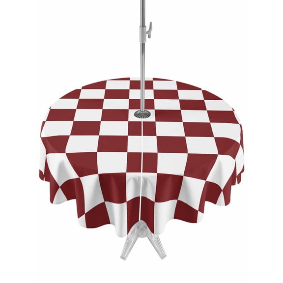 Red Plaid Outdoor Round Tablecloth with Umbrella Hole 60", Modern Checkerboard Plaid Repeating Pattern Waterproof Zippered Table Cloth Wrinkle Free Wipeable Desk Covers for Patio Party