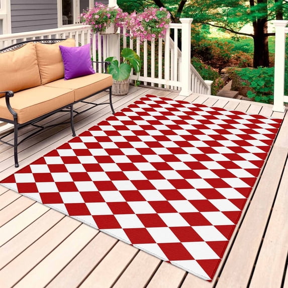 Red Plaid Outdoor Rug 4x6 Ft, Non Slip Washable Area Rug, Modern Minimalist Geometric Gingham Checkered Patio Rugs Carpet Runner, Large Floor Mat for Indoor/Outdoor Deck Porch Camping