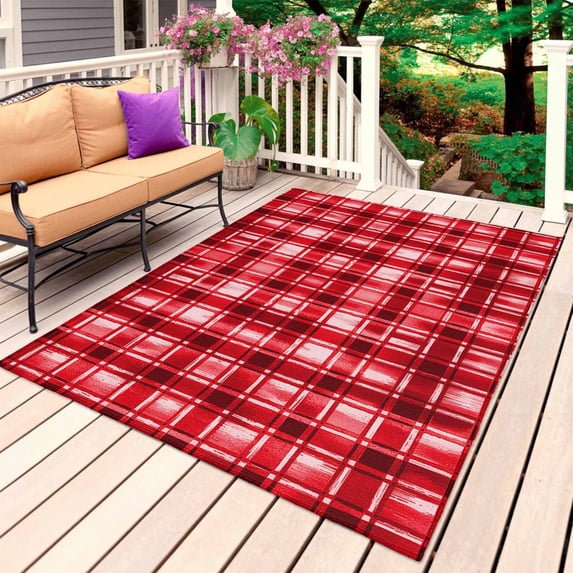 Red Plaid Outdoor Rug 5x7 Ft, Non Slip Washable Area Rug, Modern Art Checkered Farmhouse Patio Rugs Carpet Runner, Large Floor Mat for Indoor/Outdoor Deck Porch Camping