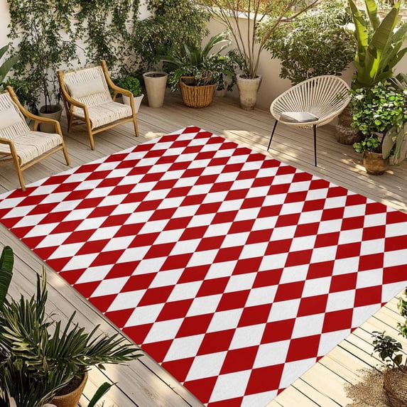 Red Plaid Outdoor Rug for Patio/Deck/Porch, Non-Slip Large Area Rug 4 x 6 Ft, Modern Minimalist Geometric Gingham Checkered Indoor Outdoor Rugs Washable Area Rugs, Camping Rug Carpet Runner