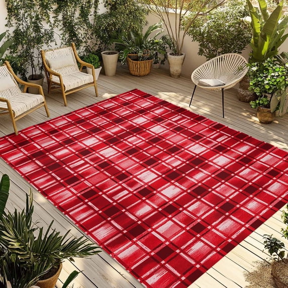 Red Plaid Outdoor Rug for Patio/Deck/Porch, Non-Slip Large Area Rug 5 x 7 Ft, Modern Art Checkered Farmhouse Indoor Outdoor Rugs Washable Area Rugs, Reversible Camping Rug Carpet Runner