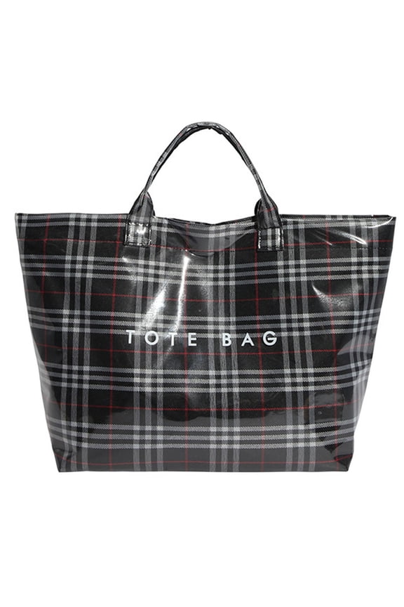 Red Plaid PVC Tote Bag for Women, Waterproof Large Letter Print Plastic Handbag, Reusable Kraft Paper Work Handbags, Spacious Shopping Work Bag for Work Daily Travel Gifting