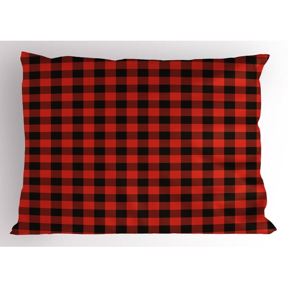 Red Plaid Pillow Sham Lumberjack Clothing Inspired Square Pattern Checkered Grid Style Quilt Design, Decorative Standard Size Printed Pillowcase, 26 X 20 Inches, Scarlet Black, by Ambesonne