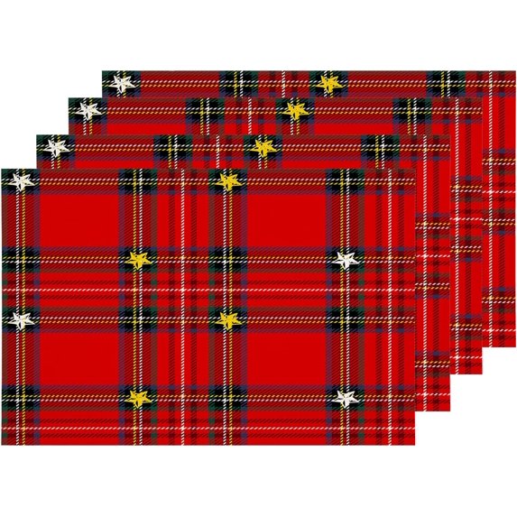 Red Plaid Placemats, Christmas Red Tartan Plaid Table Mat Linen Burlap Washable Double-Deck Heat Insulation for Dining Table Kitchen Table Set of 4 (12 x 18 inch)