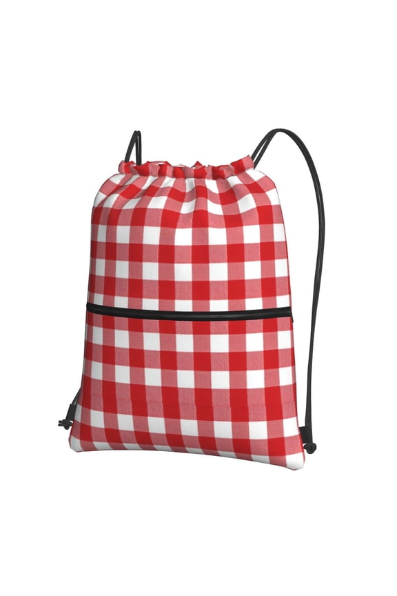 Red Plaid Print Drawstring Backpack Bag Water Resistant Yoga Shopping Cinch Bag Sackpack For Men Women