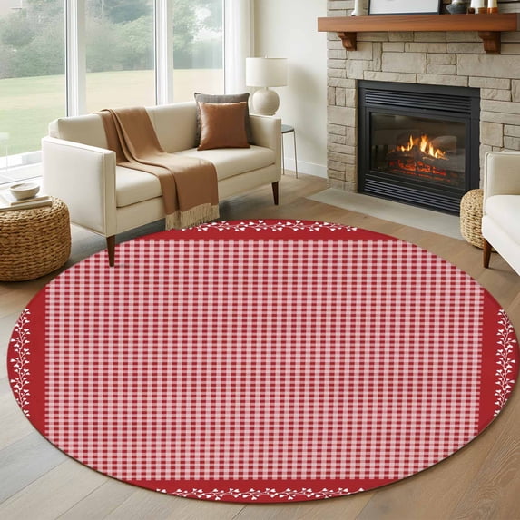 Red Plaid Round Area Rug 5Ft Washable Circle Rugs for Living Room Bedroom, Valentine's Day Love Heart Floral Vintage Non-Slip Carpet Floor Mats Indoor Outdoor Carpet Runner Aesthetic Home Decor