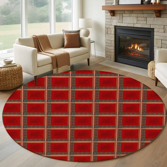 Red Plaid Round Rug 5ft Washable Circle Kitchen Rugs Non Slip Christmas Checkered Buffalo Large Area Rug Indoor Floor Carpet for Bedroom Living Room Home Office Dining Room Nursery