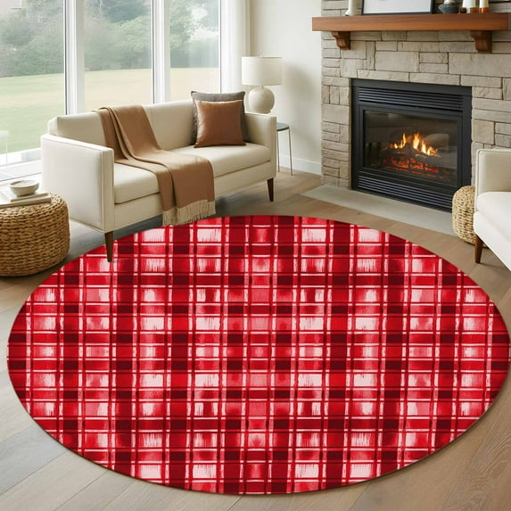 Red Plaid Round Rug 7ft Washable Circle Rugs Non Slip Modern Art Checkered Farmhouse Large Area Rug Indoor Floor Carpet for Bedroom Kitchen Living Room Home Office Dining Room Nursery