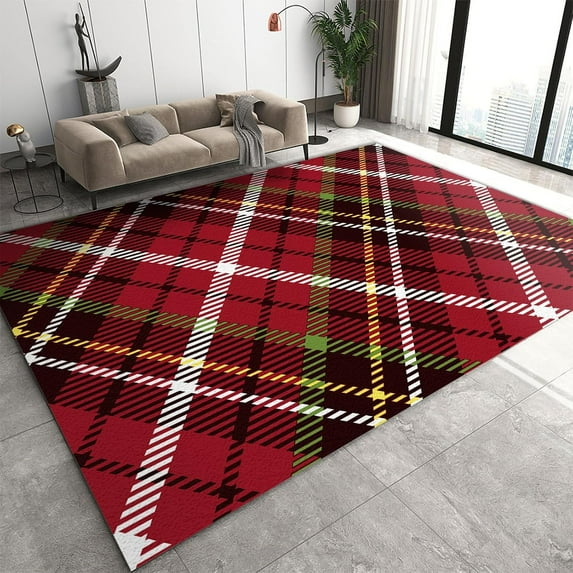 Red Plaid Rugs Black And White Geometric Stripes Area Rugs Buffalo Plaid Rugs For Living Room Modern Regular Lines Non-Slip Carpet Large Area Rug 1x2ft